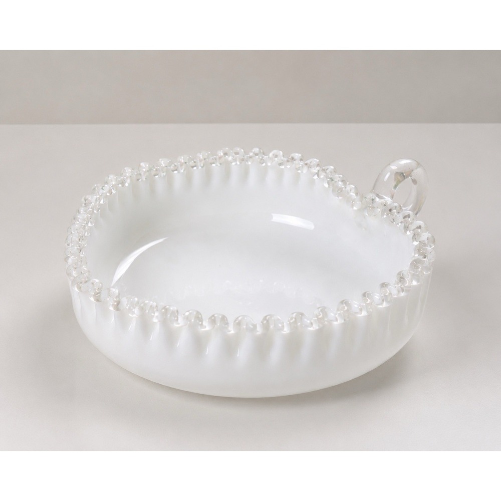 Fenton Silver Crest Heart‎ Bowl Milk Glass Ruffled Edge Candy Dish Vintage